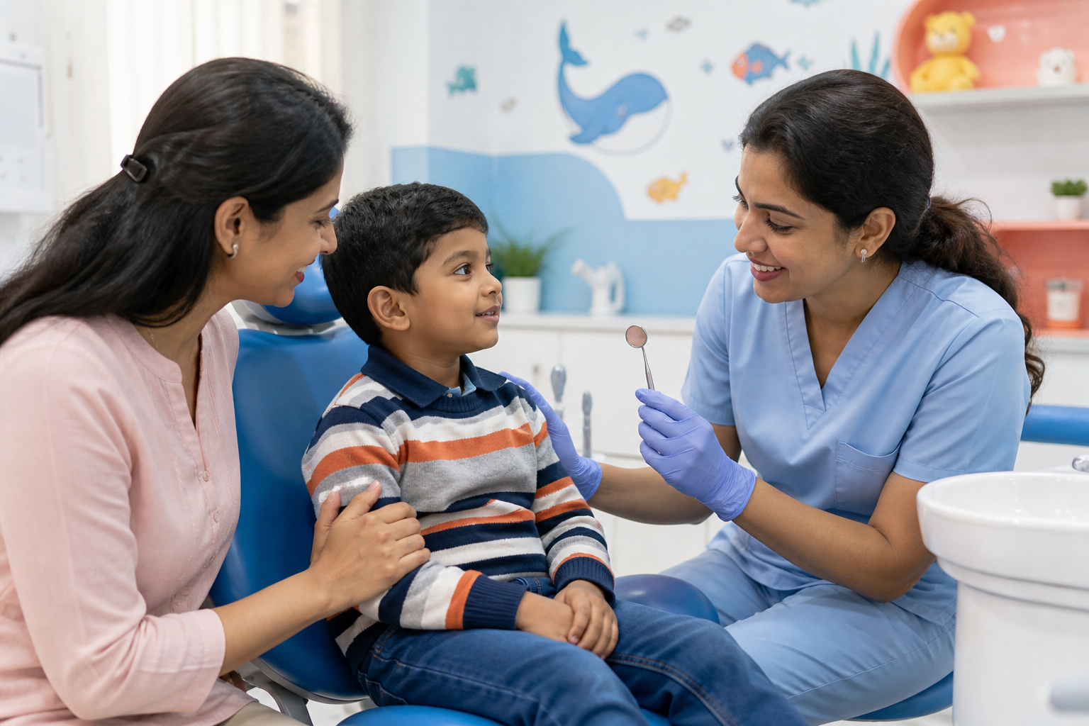 Mother and child meeting a friendly pediatric dentist