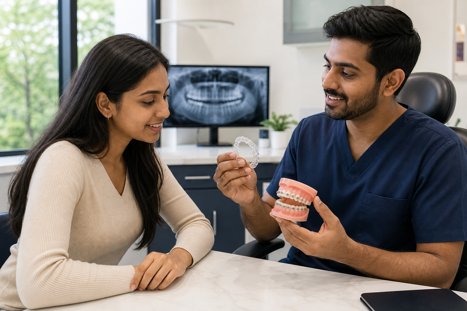 Orthodontist comparing clear aligners and braces with a patient
