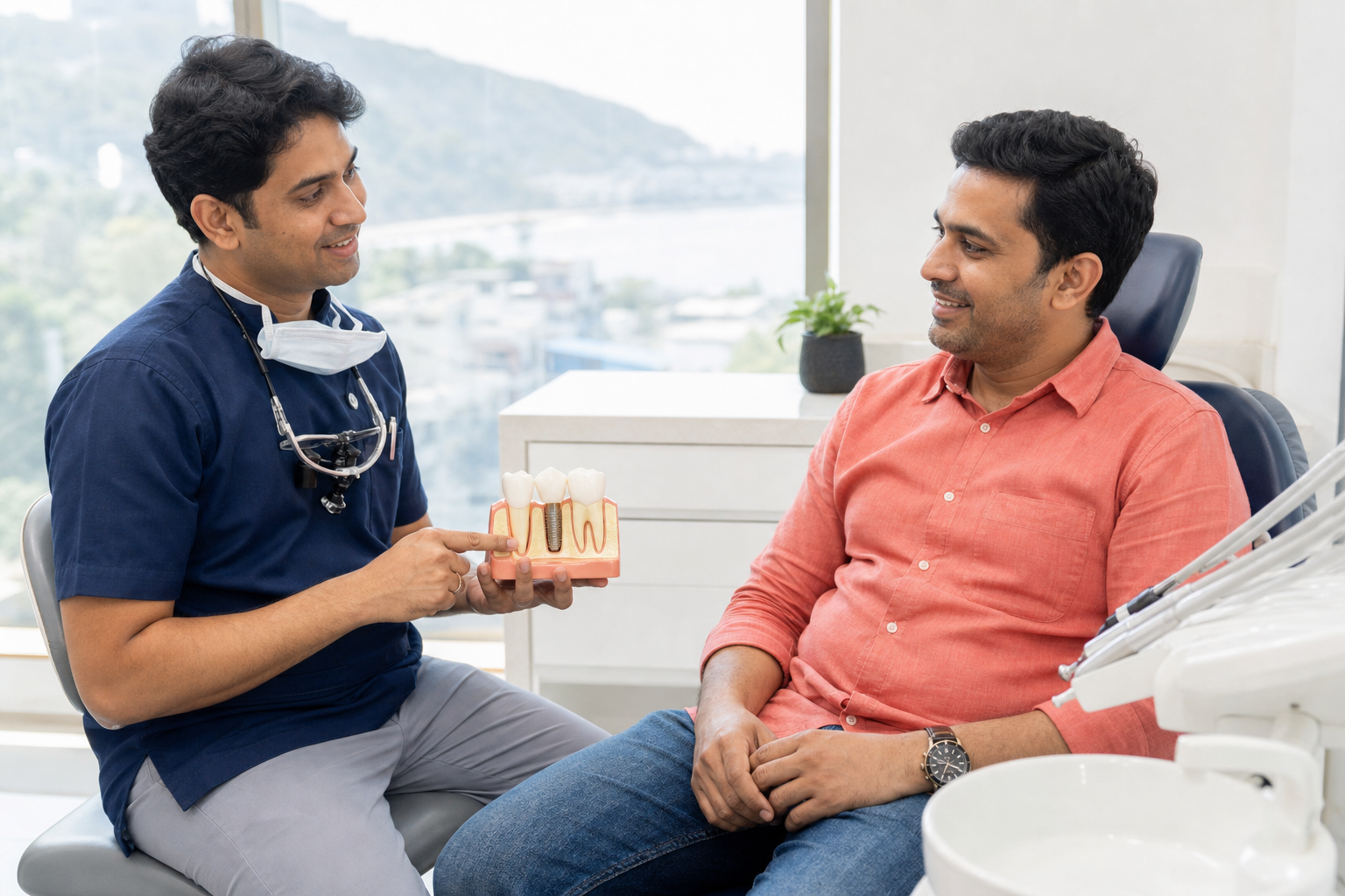 Dentist explaining a dental implant to a patient