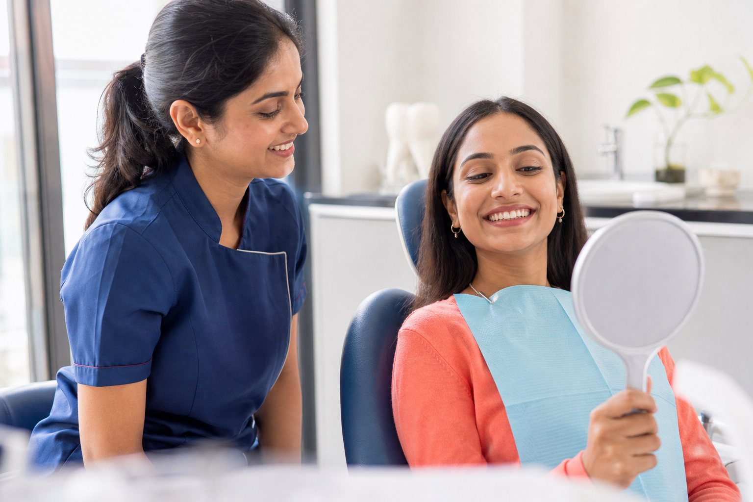 Patient viewing her smile with a dentist after whitening consultation