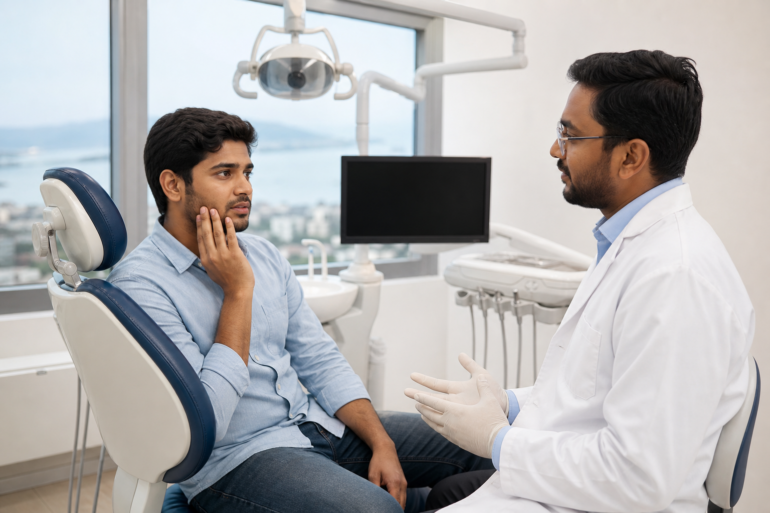 Patient discussing tooth pain with a dentist