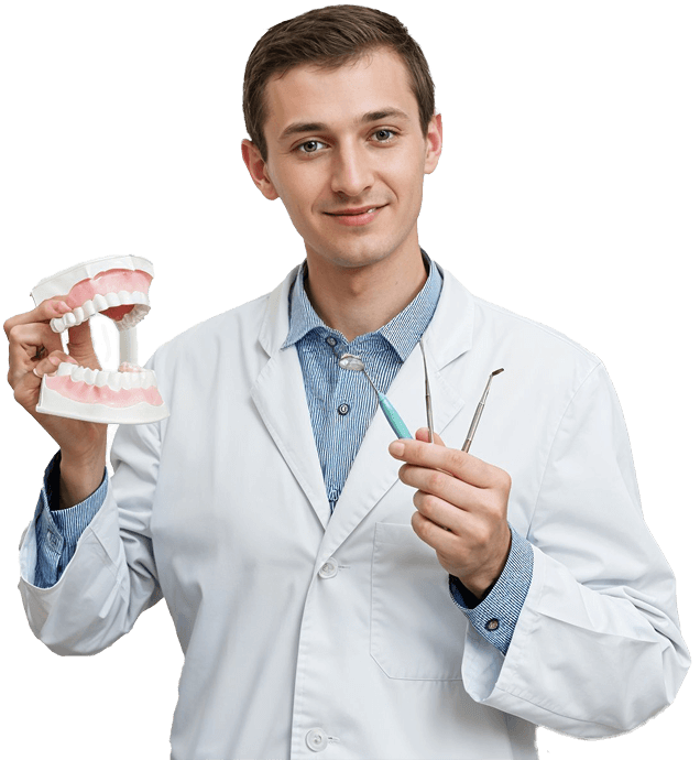 Laasya Dental doctor holding a dental model and instruments